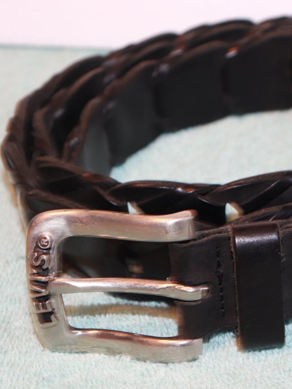 LEVIS MEN'S BLACK BRAIDED LEATHER WIDE BELT SILVER BUCKLE SIZE 38
